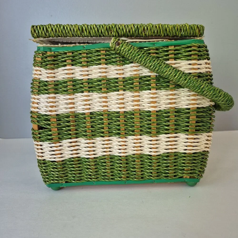 JCPenney VTG Green White Wicker Divider Sewing Box Caddy w/ Handle Accessories
